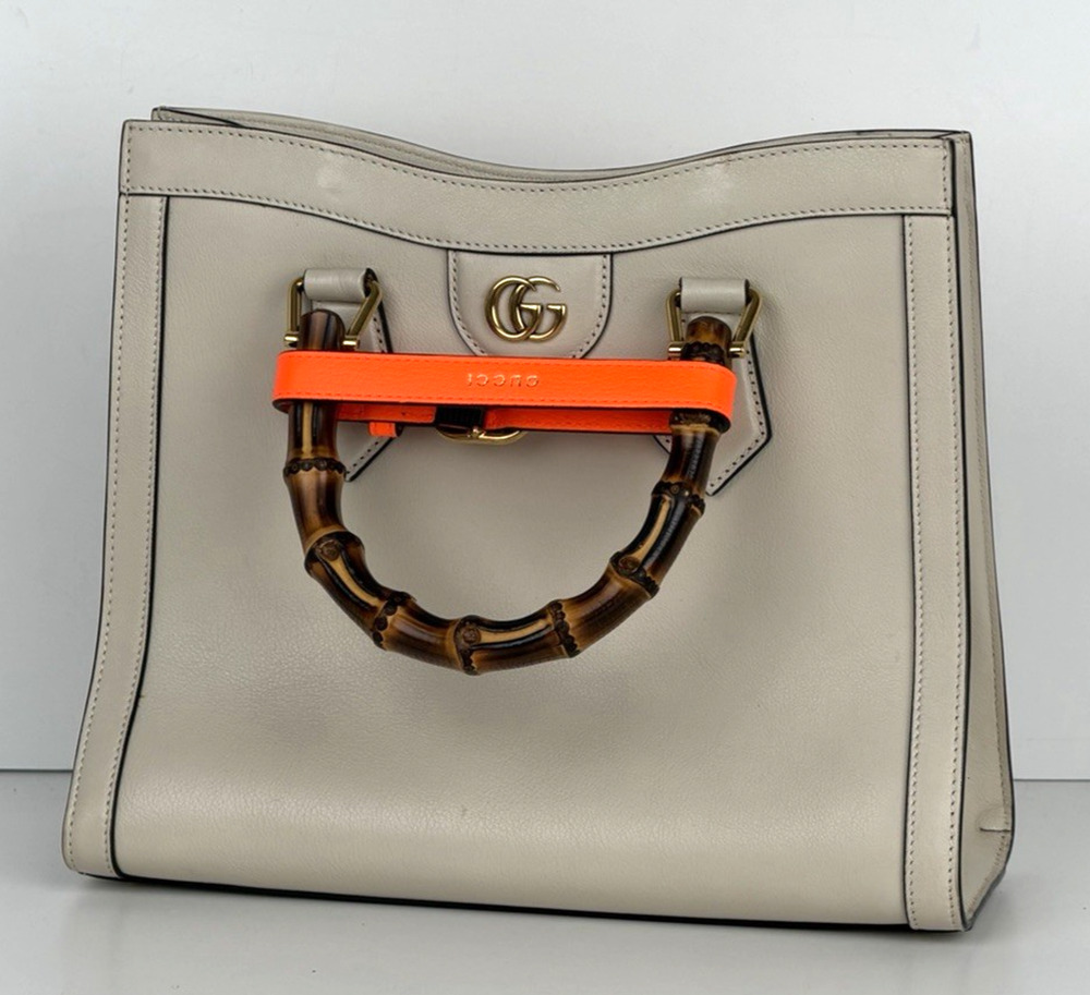 Gucci Diana Small Tote Bag in Beige with Orange Fluo Leather Bamboo Handles B5